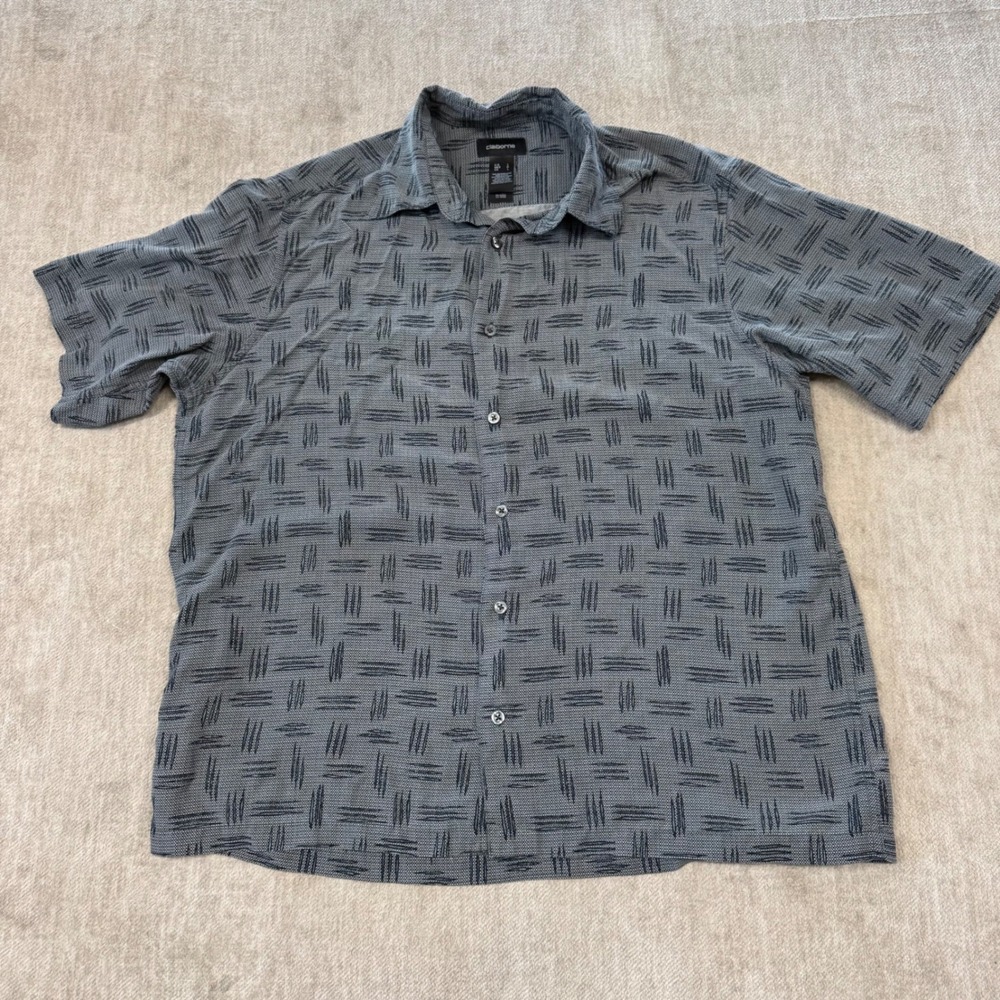 Claiborne Mens Gray Geometric Hatch Print Short Sleeve Rayon Button Down Shirt L
